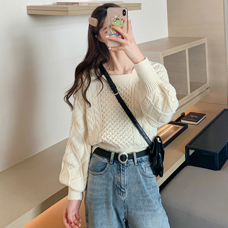 Woherb Vintage Twist Knitted Sweater Women New Square Collar Pullovers Korean Chic Puff Sleeve Tops Jumper Sweet Pull Femme 201030wtt