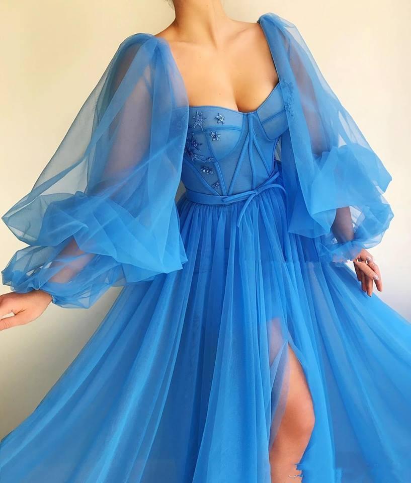 Blue Sexy A Line Prom Dress Sweetheart Long Sleeves Tulle High Side Split Long Formal Sexy Special Occasion Dresses Pleated Formal Evening Party Gowns