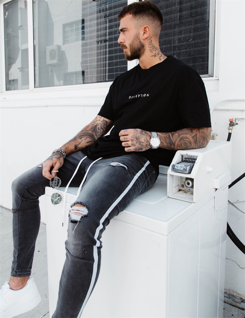 Men's Painted Skinny Slim Fit Straight Ripped Distressed Pleated Knee Patch Denim Pants Stretch Jeans S-3XL