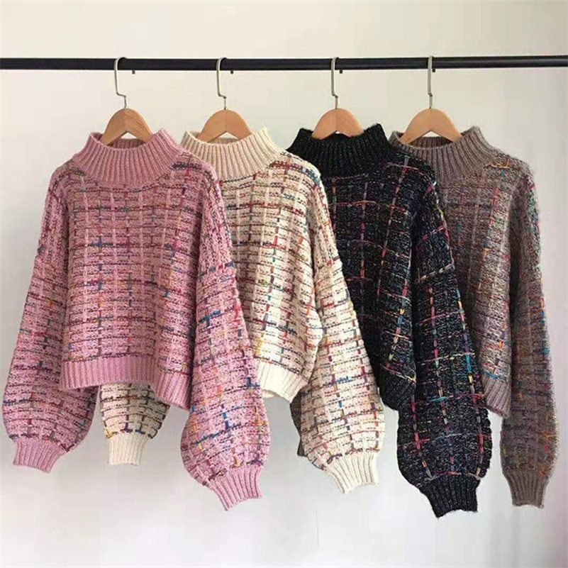 Autumn Winter New Plaid Sweater Women Korean Lazy Wind Short Loose Casual Checkered Sweater Lantern Sleeve Pullovers Girls 201111