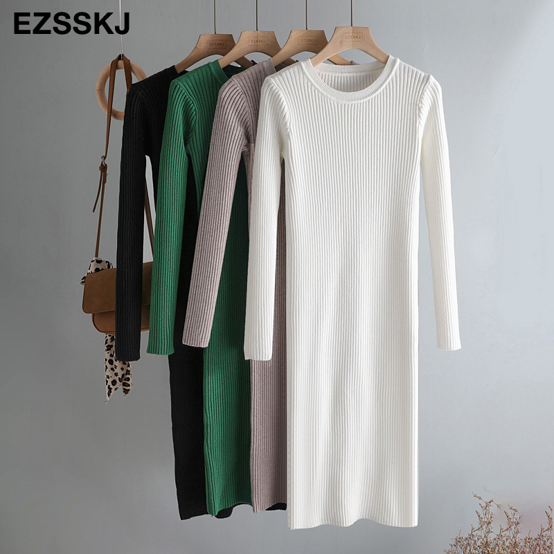 elegant Autumn Winter basic Maix Sweater dress women solid bodycon Thick dress Female Jumper Oneck slim knit dress Long sleeve 201029