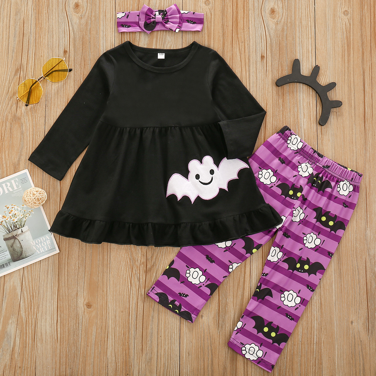 Pudcoco Newest Halloween Clothes Toddler Baby Girl Long Sleeve Ruffle Tops Print Striped Long Pants Headband 3Pcs Halloween SetX1019
