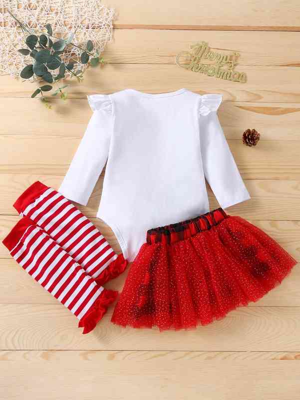 Baby Christmas & Letter Graphic Ruffle Trim Bodysuit & Skirt & Leg Warmer SHE