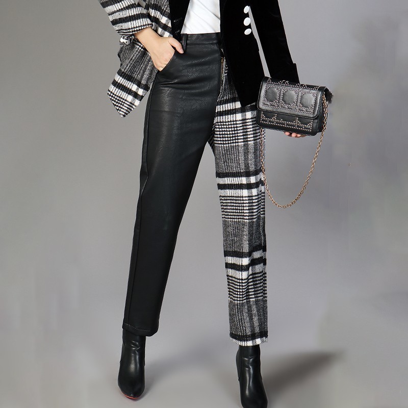 TWOTWINSTYLE PU Trousers For Women High Waist Hit Colors Asymmetrical Patchwork Ankle Length Wool Pants Female Spring New 201112