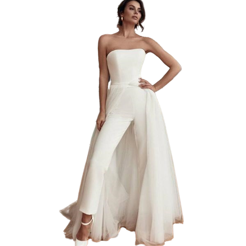 2026 Strapless Jumpsuit Vacation Wedding Dresses With Detachable Train Summer Holiday Beach Bohemian Bridal Gowns with Pant Suit Simple Satin Tulle Cu