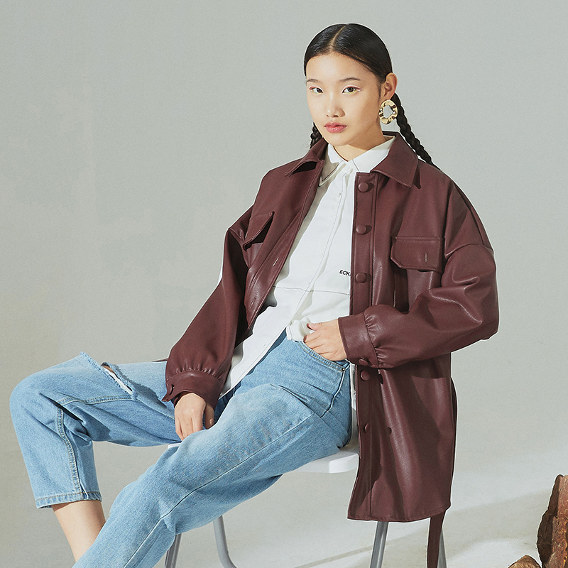 New Autumn Winter Lapel Long Sleeve Wine Red Pu Leather Belt Loose Big Size Jacket Women Coat Fashion T200212