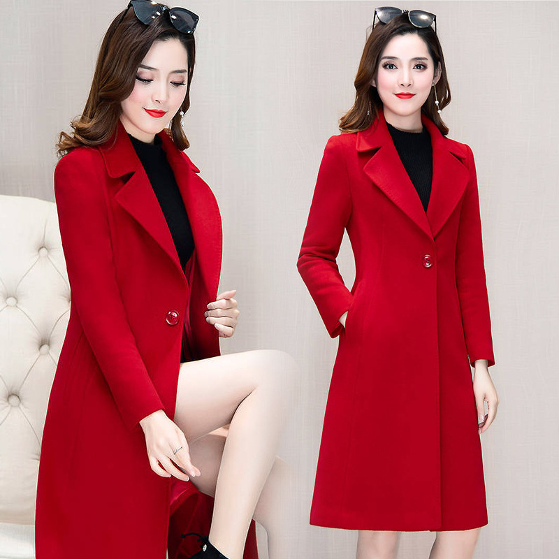 Women Woollen Overcoat Women's Mid Length Over Knee Autumn Winter Waist Suit collar Red Woollen Black Khaki Coat 201103