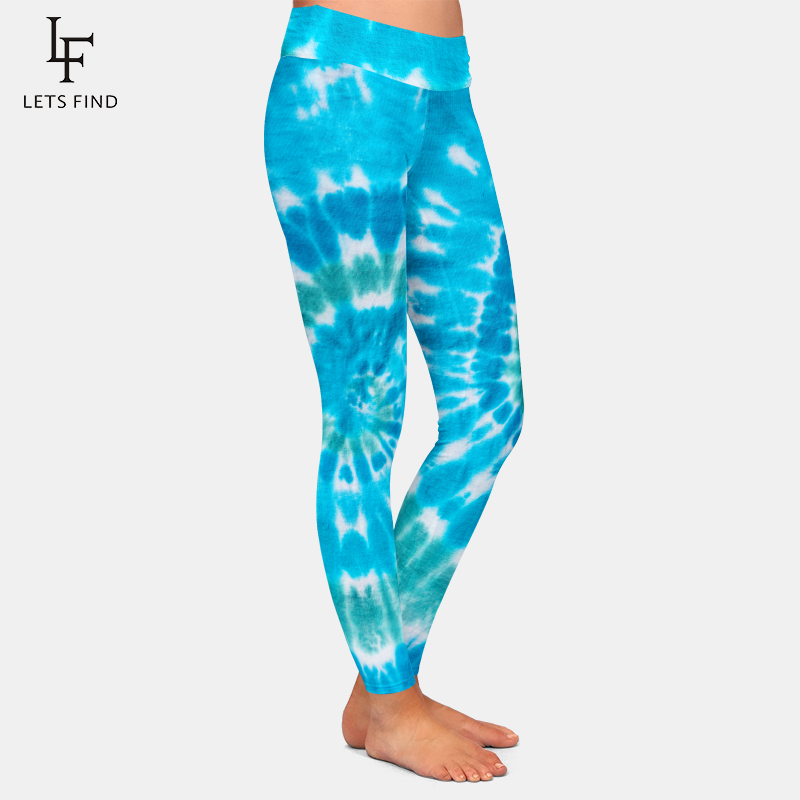 Women Stretch Pants Blue Tiedye Print High Waist High Quality Milk Silk Printed Casual Girl Leggings Plus Size 201202