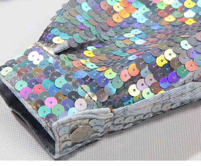 Fashion Denim Jacket Handmade Sequins Women's Jeans Slim Short Jeans Jacket Shimmer Spliced Jeans Coat Casual Girls Outwear 201017
