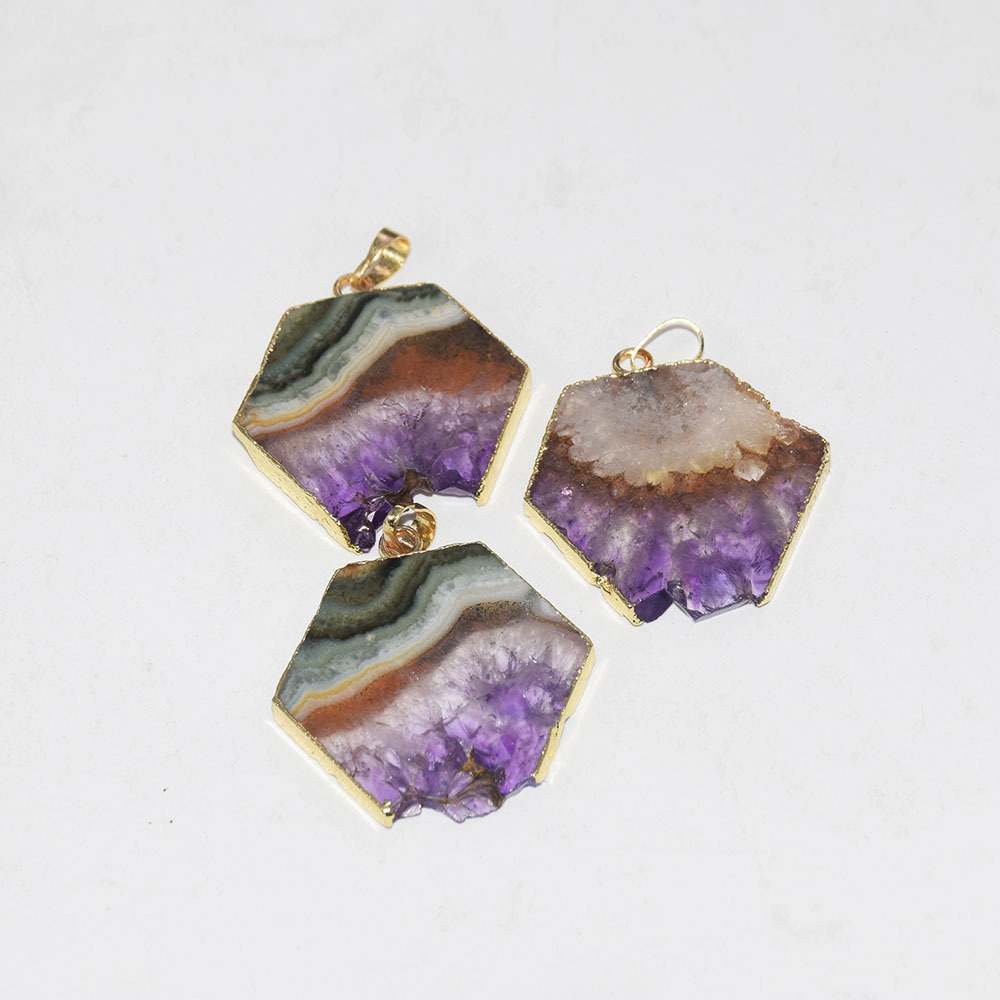 Fashion Jewelry Natural slice Purple Crystal Quartz necklace pendant male raw slab geode druzy amethysts stone pendant women 201014