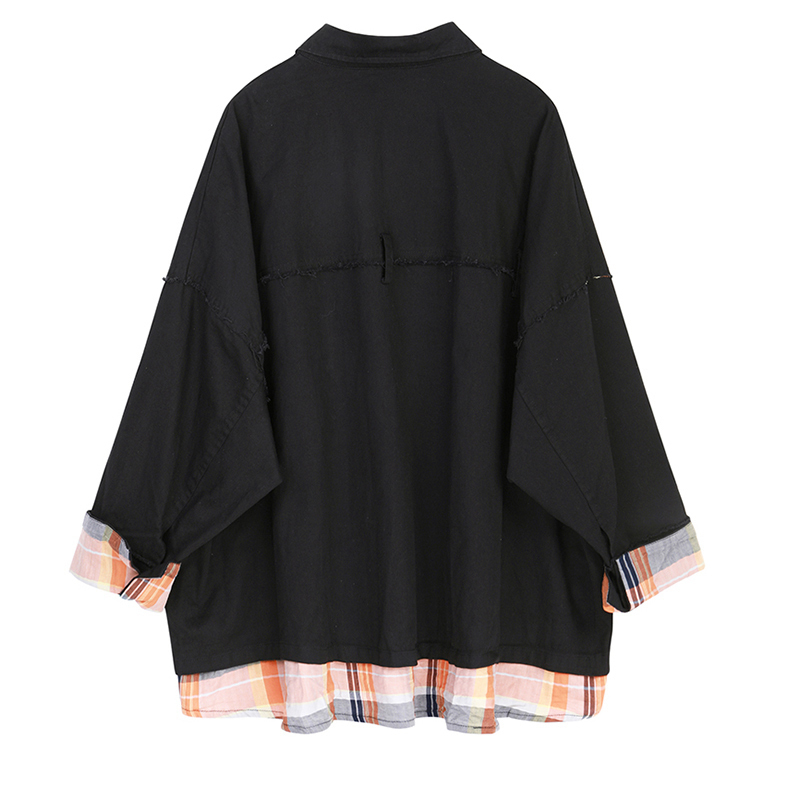 EAM Loose Fit Black Plaid Stitch Big Size Jacket Lapel Long Sleeve Women Coat Fashion Spring Autumn 1X775 201017
