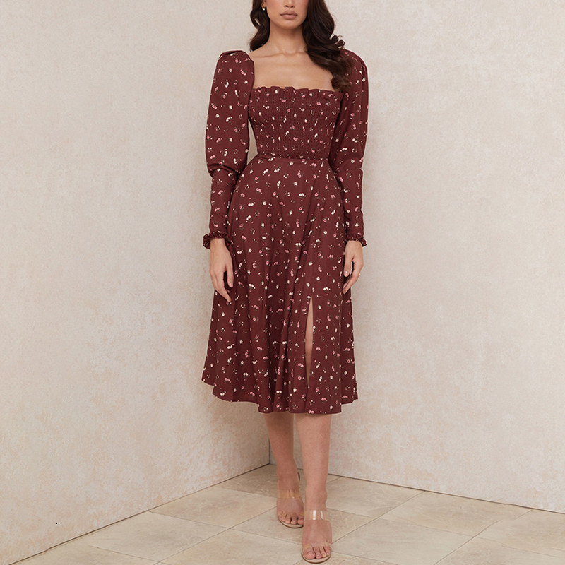 2021 New Women Spring Floral Print Split Chic Square Collar Pleated Slim Female Petal Sleeve High Waist Midi Party Vestidos 0ncr, Wine red
2021 New Women Spring Floral Print Split Chic Square Collar Pleated Slim Female Petal Sleeve High Waist Midi Party Vestidos 0ncr, Wine red