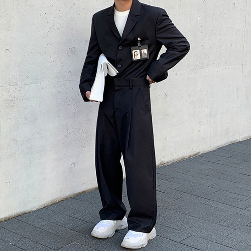 IEFB /men's autumn new single breasted suit + fashion black Wide Leg suit pants loose streetwear all-match 2 piees set 9A30 201105