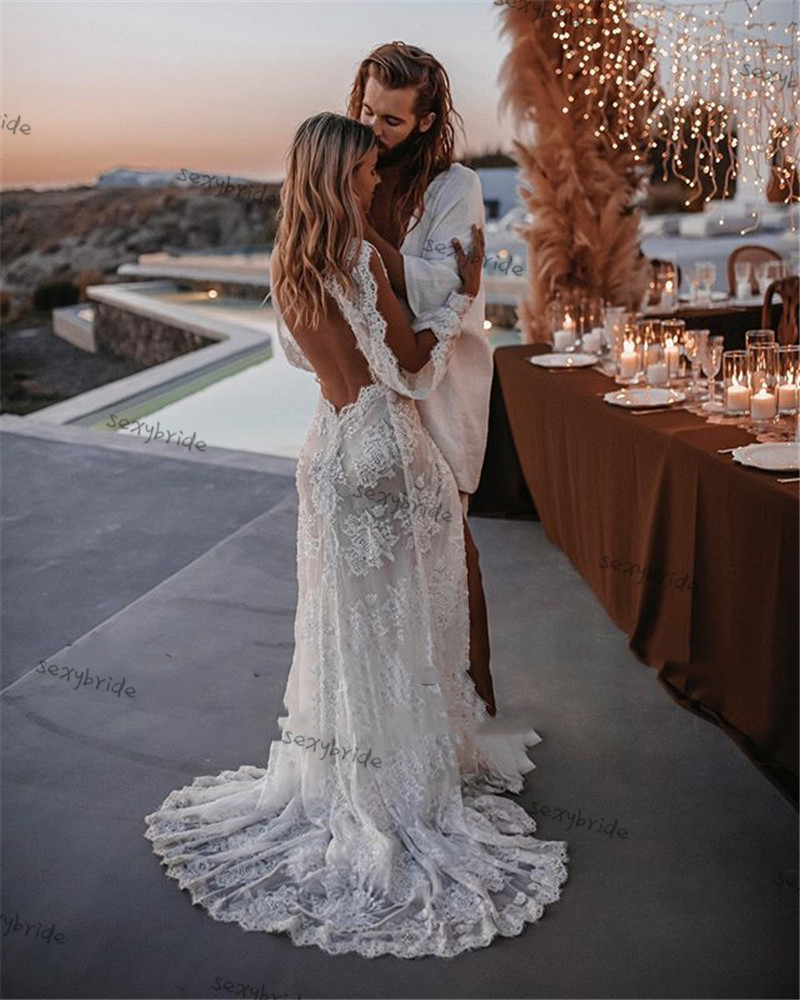 Elegant Full Lace Wedding Dresses Bride Gown Boho Long Puff Sleeve Country Sexy Backless Beach Charming Wedding Dress 2023 Bridal Gowns