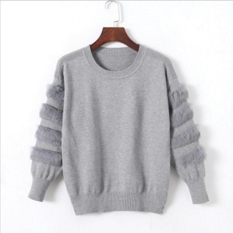 Autumn And Winter Women's Fashion Rabbit Fur Decorative Sleeve Sweater Solid Color Pullover Sweater Sweater 201222