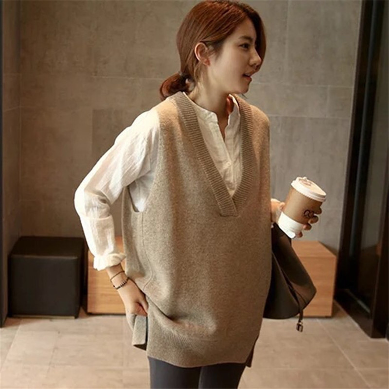 Korean Sleeveless Knitted Vest Women Gilet Spring Autumn Cashmere Sweater V Neck Pullovers Split Casual Loose Dress Female Tops 201109