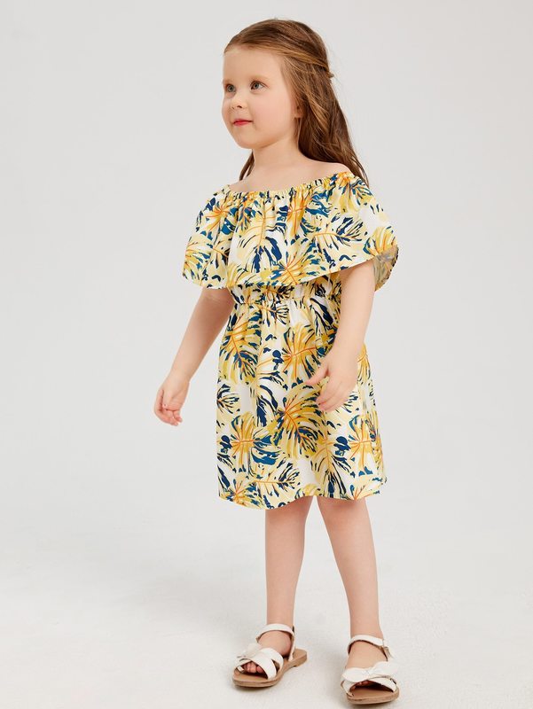 Toddler Girls Tropical Print Off Shoulder Ruffle Trim Dress SHE