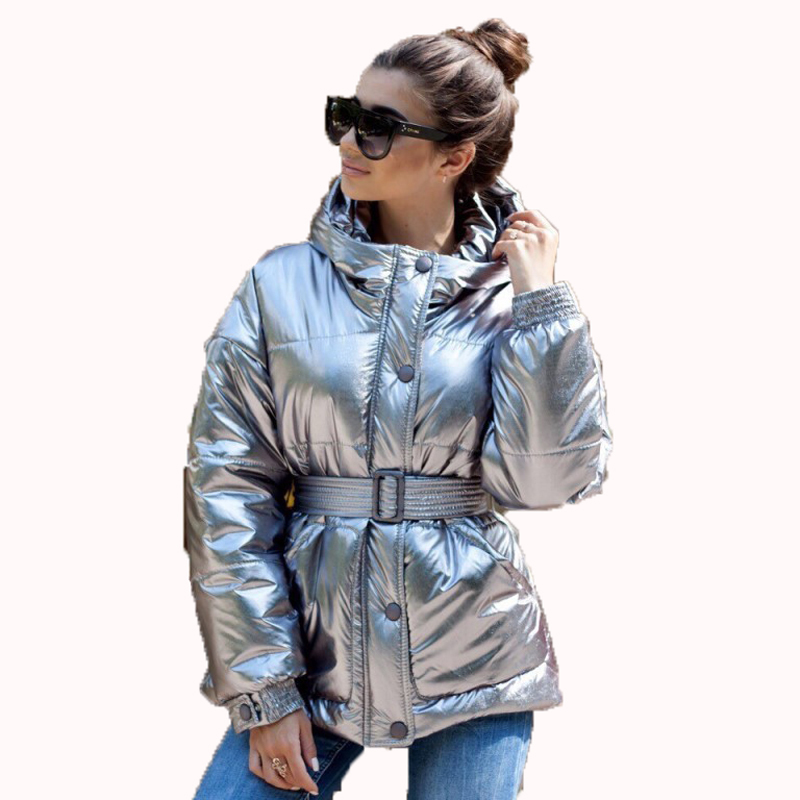 Glossy Silver Winter Jacket Women with Belt Cotton Padded Bomber Hooded Puffer Coat Abrigos Mujer Invierno 201026