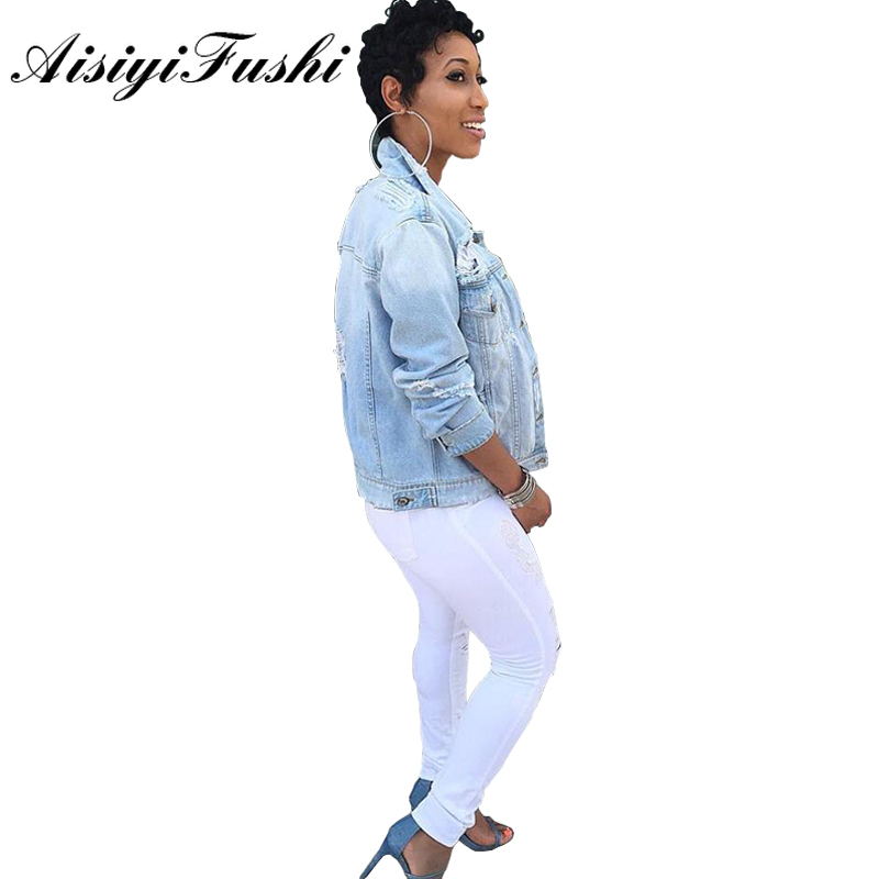 Blue Ripped Jean Jacket Coat Women Autumn Winter Torn Oversized Jeans Womens Denim Boyfriend Style 5XL 201017