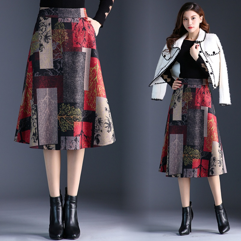 Plus Size High Waist Mid Thicken Woolen Skirt Women Autumn Winter ALine Wool Skirt Female Red Print Pocket Lady Skirt T200324