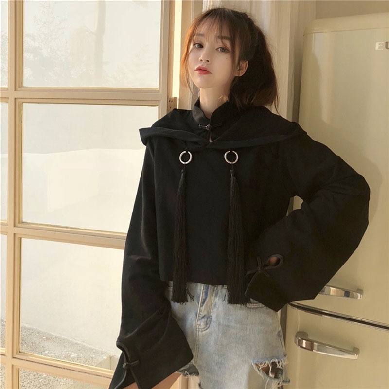 Women's Hoodies Crop Hoodies Sweatshirts Tassel Hooded Woman Crop Top Hoodie Chinese Letters Print Japan Style Girls Tops LS180 201102
