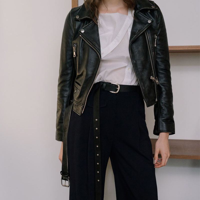 FTLZZ New Women Autumn Winter Black Faux Leather Jackets Zipper Basic Coat Turn-down Collar Motor Biker Jacket With Belt 201020