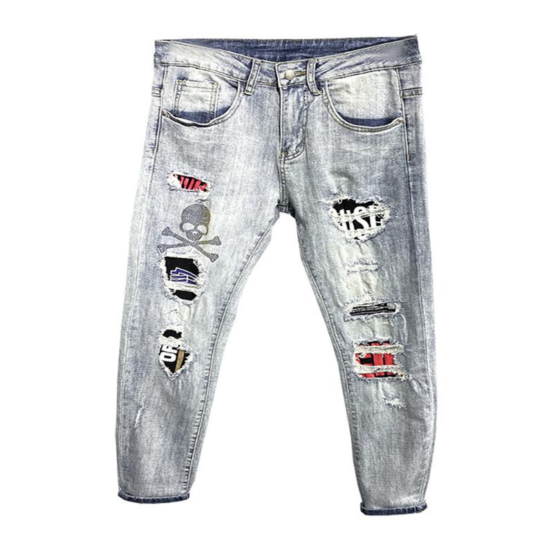 Wholesale Washing Ripped hole Hot drilling skull brand Denim jeans men's slim hip hop jeans men's teenagers street pencil pants, Sky blue
Wholesale Washing Ripped hole Hot drilling skull brand Denim jeans men's slim hip hop jeans men's teenagers street pencil pants, Sky blue