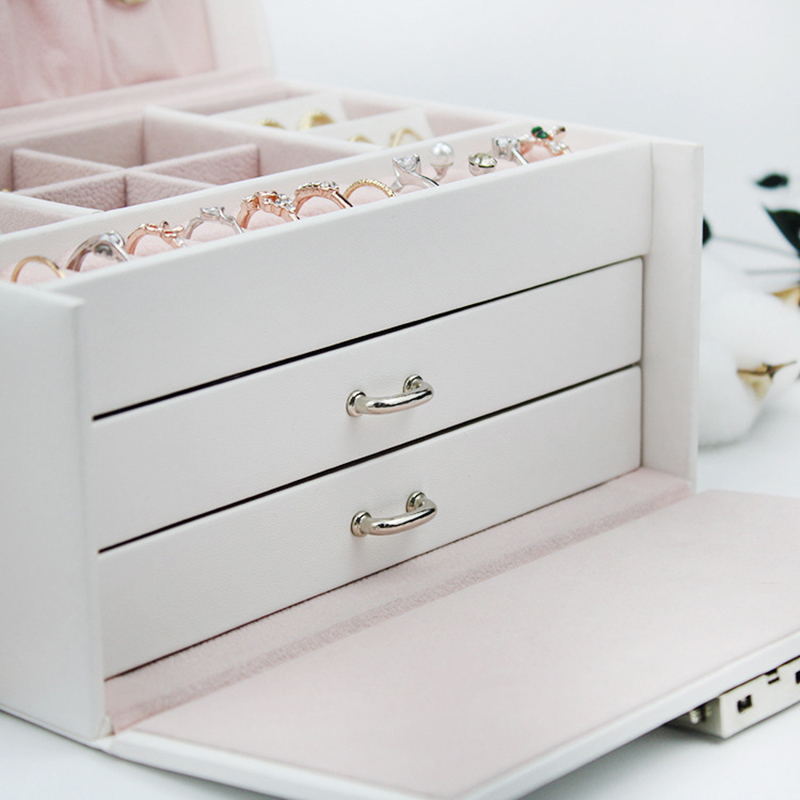 3-layers PU Jewelry Box Organizer Large Ring Necklace Display Makeup Holder Cases Leather Case With Lock For Women 220309