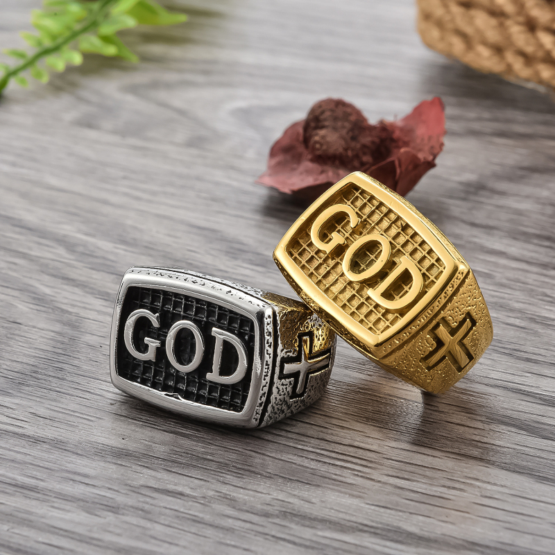 Vintage Style Men's GOD Cross Ring Gold Antique Silver Plated Stainless Steel Rings