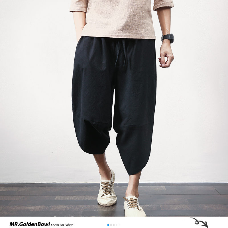 Sinicism Store Cotton Linen Mens Harem Pants Summer Male Casual Calf-Length Pants Solid Big Pocket Baggy Pants Trousers 201027