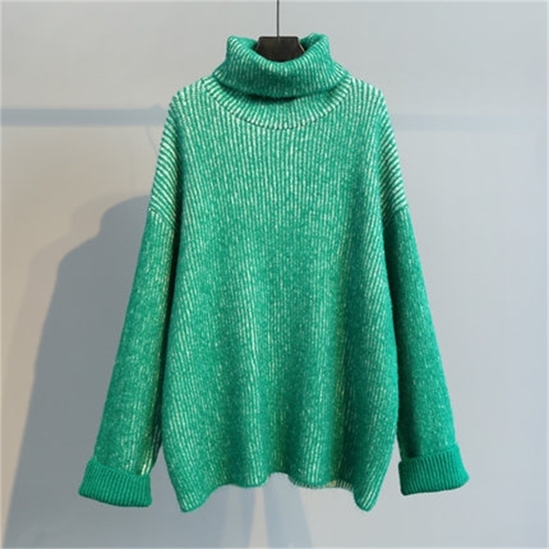 H.SA Women High Turtleneck Green Sweater and Jumpers Long Sleeve Solid Oversized Pullovers Thick Winter Knitwear Korean 201201