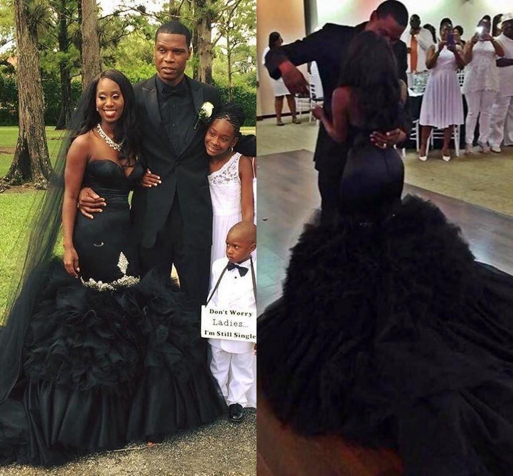 Mermaid Black Dresses Lace Applique Ruffles Tiered Skirt Chapel Train Satin Tulle Custom Made African Wedding Gown Vestidos