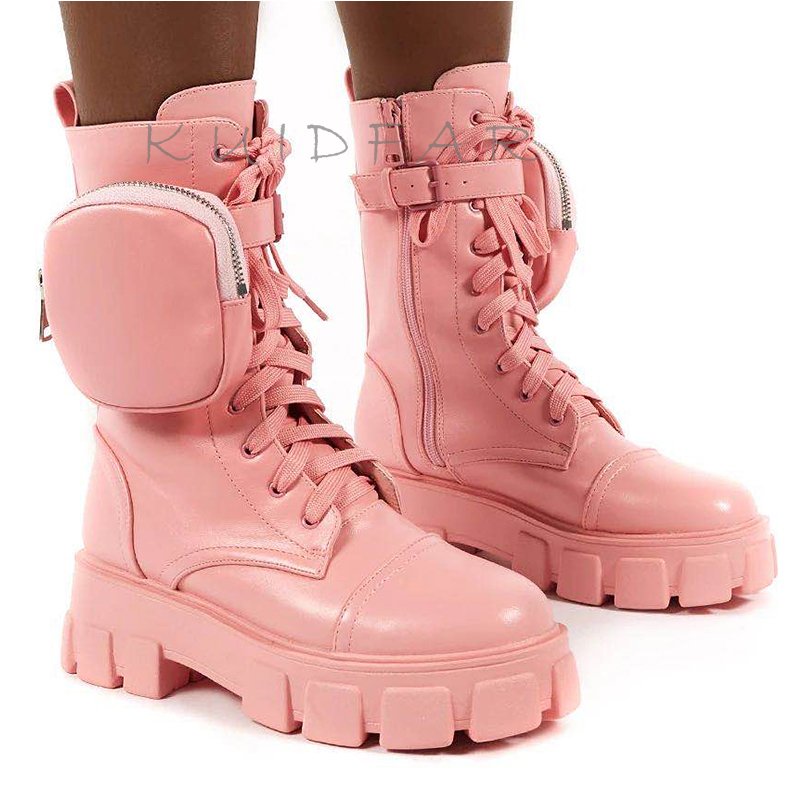 Fashion Chunky With Pocket Platform Women Lace Up Ankle Boots Female Punk Sole Pouch Heels Botas Mujer 201128