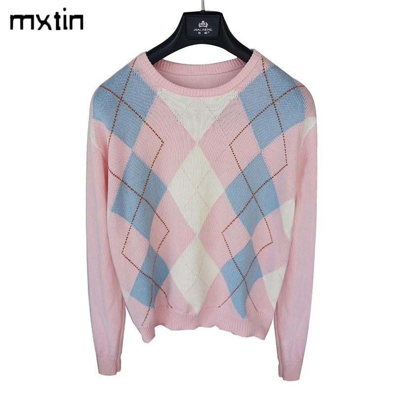 Women Vintage Fashion Pink Blue Geometric Rhombic Knitted Sweater O Neck Long Sleeve England Style Female Casual Chic Tops 201130, As picture
Women Vintage Fashion Pink Blue Geometric Rhombic Knitted Sweater O Neck Long Sleeve England Style Female Casual Chic Tops 201130, As picture