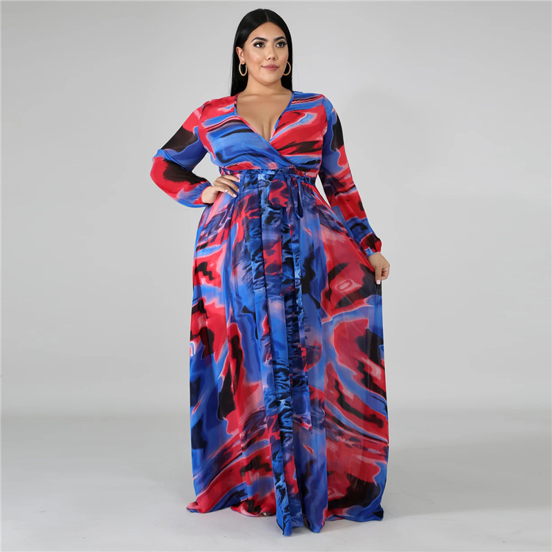 Plus size 3XL 4XL 5XL Summer Women bigger size one-piece dress long sleeve maxi dress sexy loose print dresses Bohemian long skirts 4352