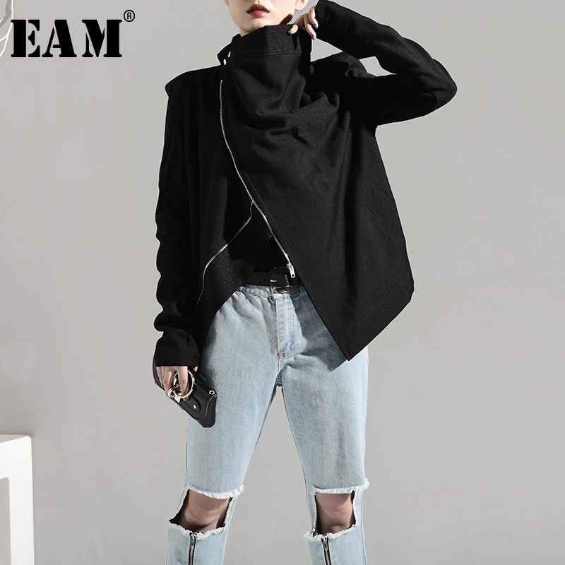 EAM Spring Autumn Stand Collar Long Sleeve Brief Zipper Personality Loose Short Jacket Women Coat Fashion JI1020 201017