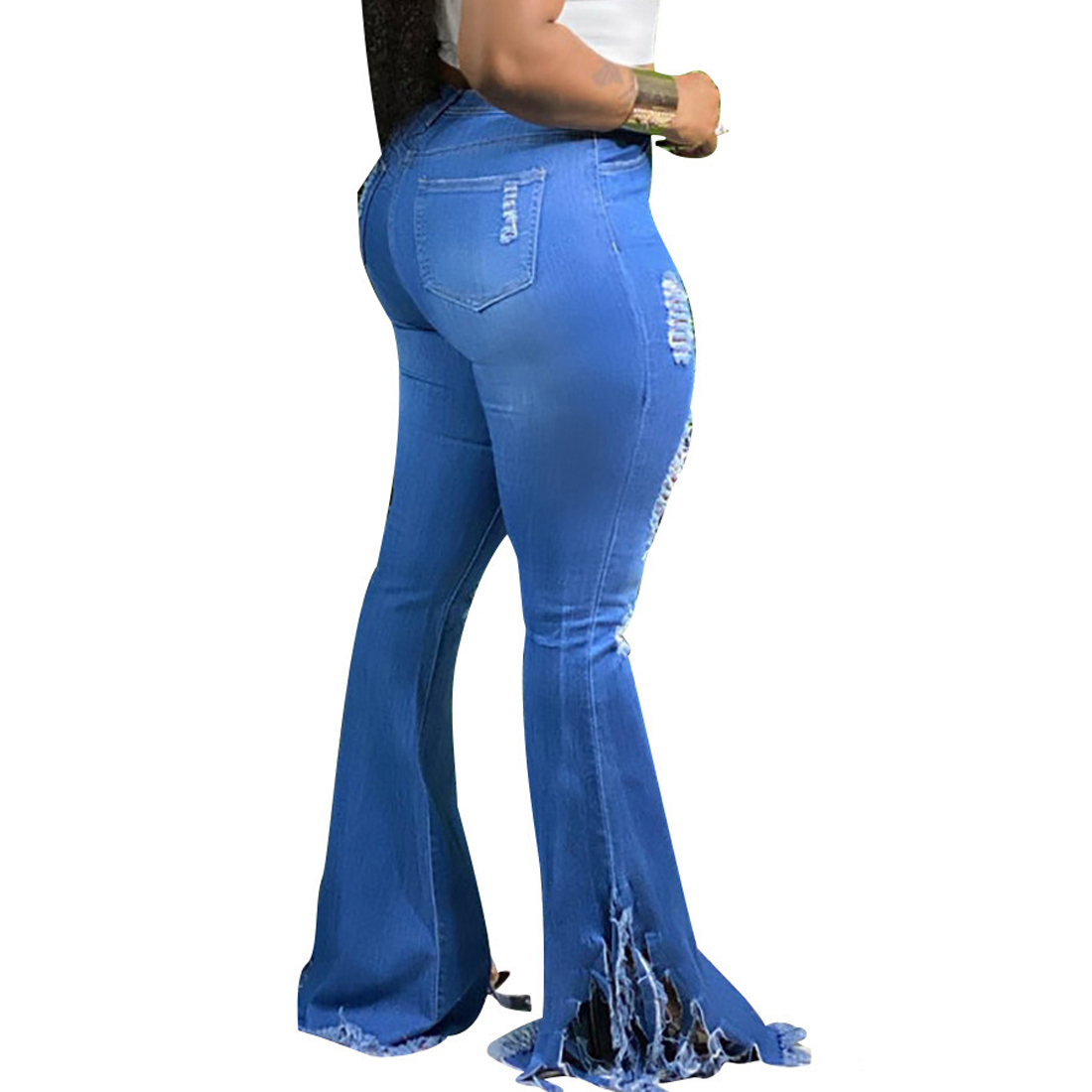 Muyogrt Women Flare Jeans High Waist Fringe Denim Skinny Pants Woman Stretch Jeans Female Wide Leg Jeans Bell Bottoms Clothes 201012