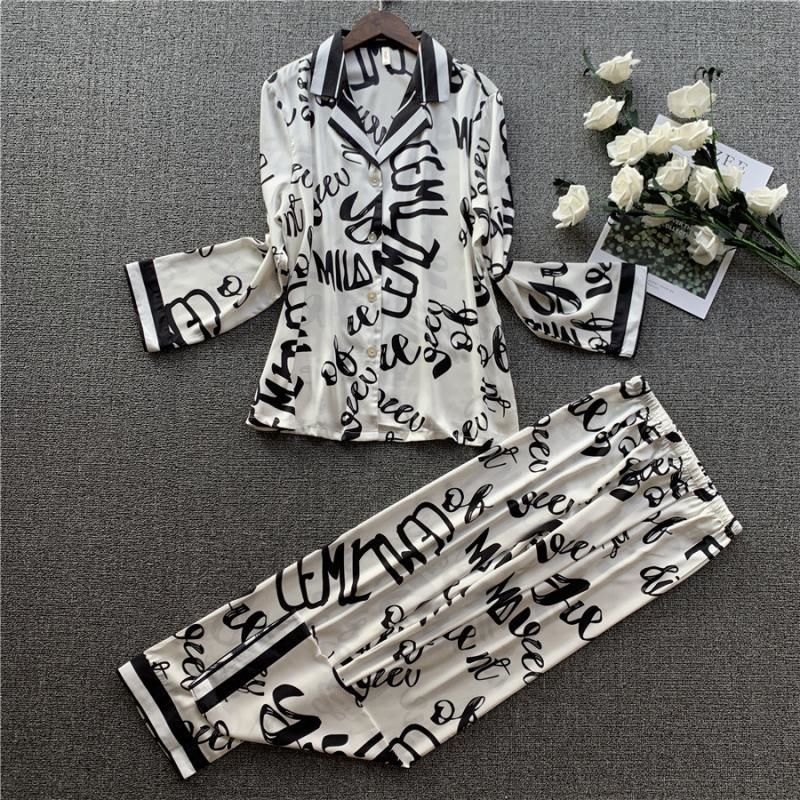 Women Satin Silk Pajamas Sets With Pants Flower Print Long Sleeve Sleepwear Lounge Sets Pijama Mujer Female Nightsuits Pyjamas 201027