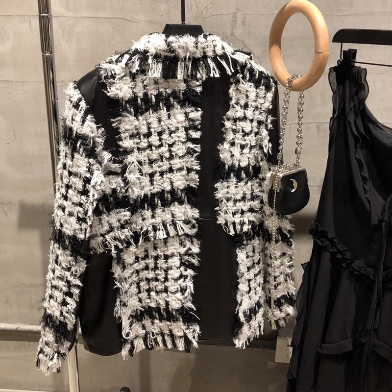 genuine leather jacket ladies women real lambskin jacket splicated with tweed 201030