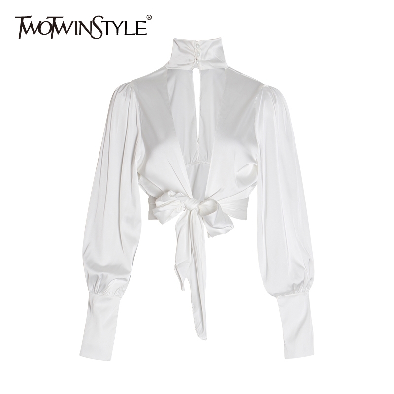 TWOTWINSTYLE Backless Women's Shirts Turtleneck Lantern Long Sleeve Bowknot Sexy Party Blouse Female Summer Fashion New 201028