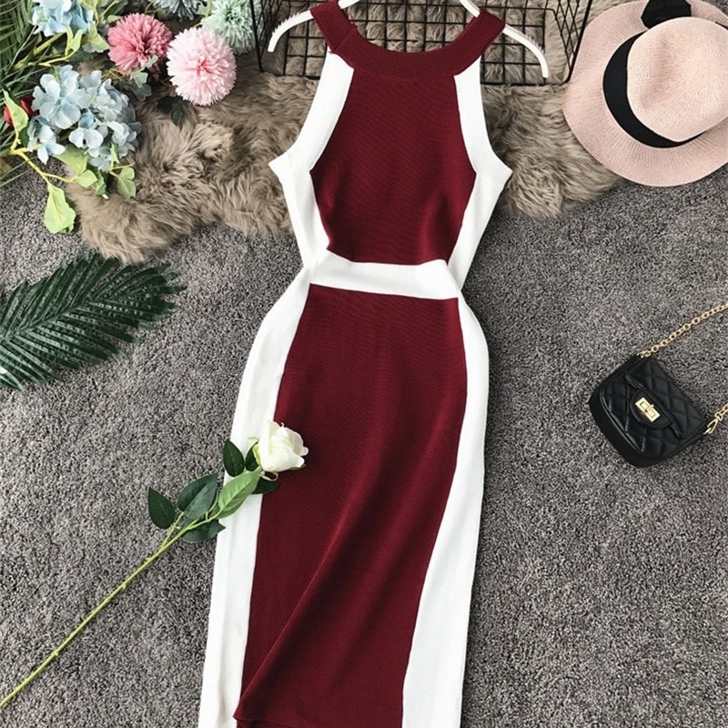 Autumn Office Ladies Fashion Knitted Sheath Halter Neck Knee-length Dress Women Brief Halter Slim One-step Middle Dress T200526