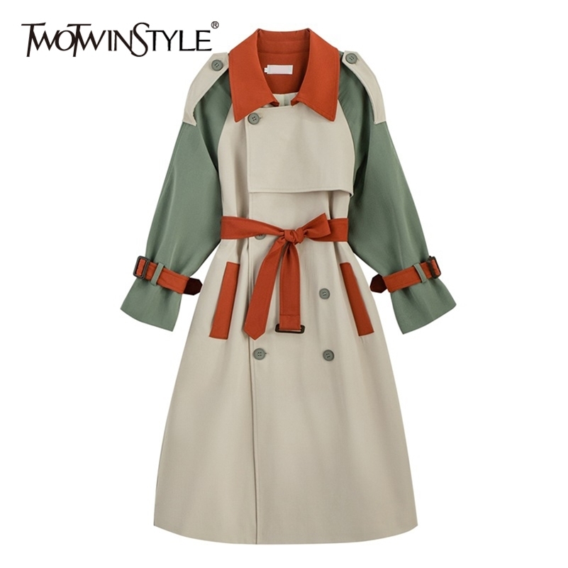 TWOTWINSTYLE Vintage Patchwork Windbreaker For Women Lapel Long Sleeve High Waist With Sashes Lace Up Bowknot Coat Female Fall 201211