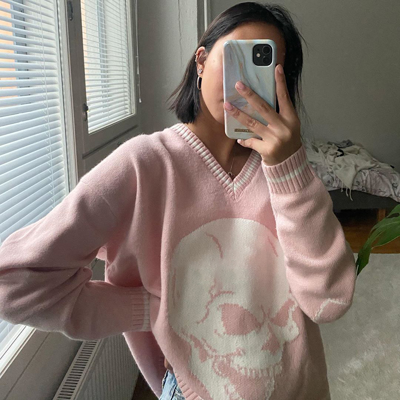 YICIYA Autumn Y2K Sweaters Skulls Pullovers V Neck Knitwear Loose Casual Knitted Tops Women Streetwear E-Girl Tops Blue 201222