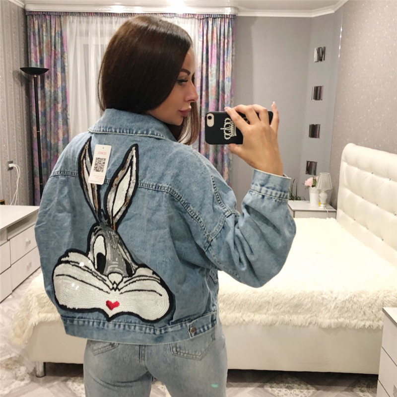 GCAROL Cartoon Sequined Oversized Denim Jacket Bling Bling Loose Preppy Style Embroidered Short Coat Character Outfits 4 season 201017
