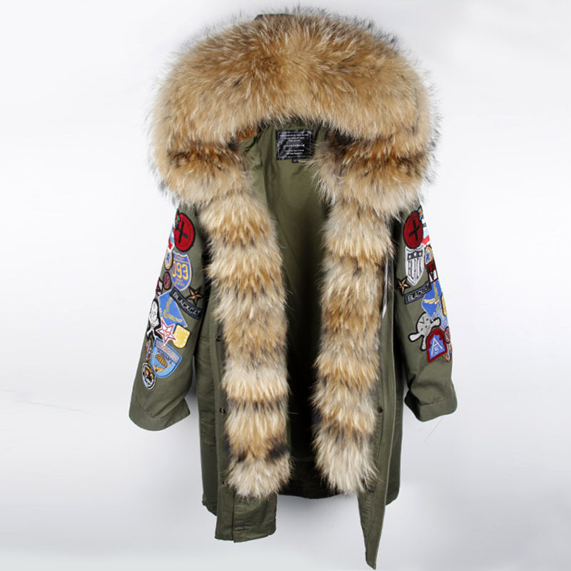 MaoMaoKong X-Long Embroidery Large real Fur Hooded Parkas Coat natural Fur women Jacket 201029