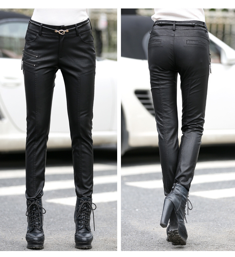 Spring Autumn Casual Leather Pants Women Hot Slim PU Leather Stylish Zipper Fashion Pencil Skinny Trousers For Woman With Belt 201111