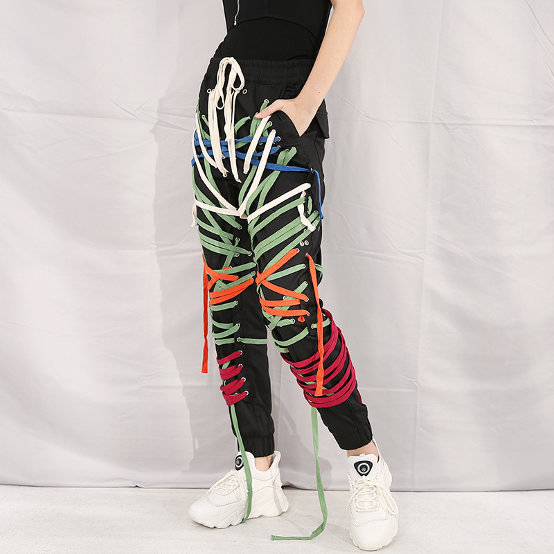 DEAT Autumn And Winter Elastic Drawstring Cross Full Length Slim Feet High Street Pants Female Trousers Colored 201228