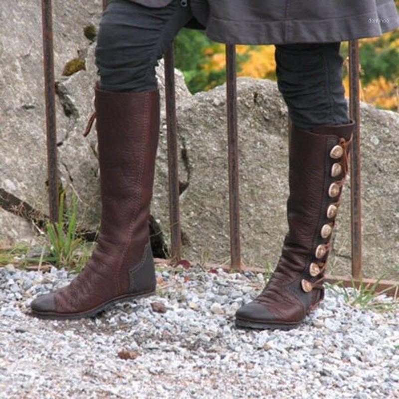 PU Leather Knee High Boots Button Round Toe Flat Shoes Women Side Zipper Heels Boots Casual Party K21, Black