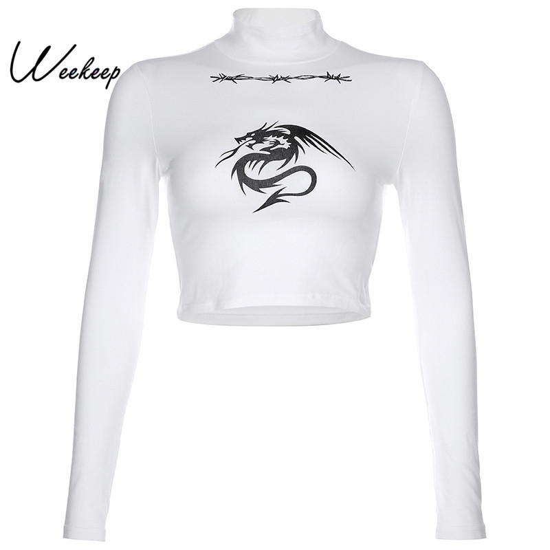 Weekeep Dragon Printed Turtleneck Long Sleeve t shirt Women White Knotted Cropped Streetwear tshirt Spring Autumn Fashion Tops Y200109
Weekeep Dragon Printed Turtleneck Long Sleeve t shirt Women White Knotted Cropped Streetwear tshirt Spring Autumn Fashion Tops Y200109