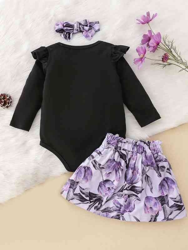 Baby Slogan Graphic Bodysuit & Floral Print Bow Skirt & Headband SHE